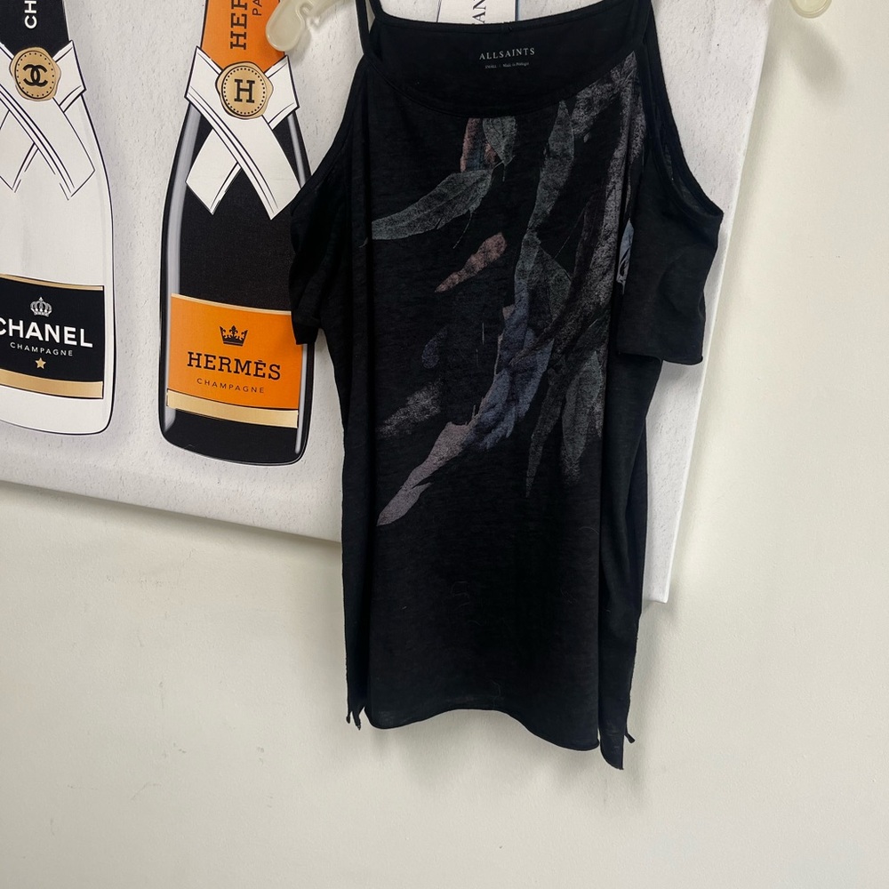 AllSaints Black Cold-Shoulder Graphic Tee